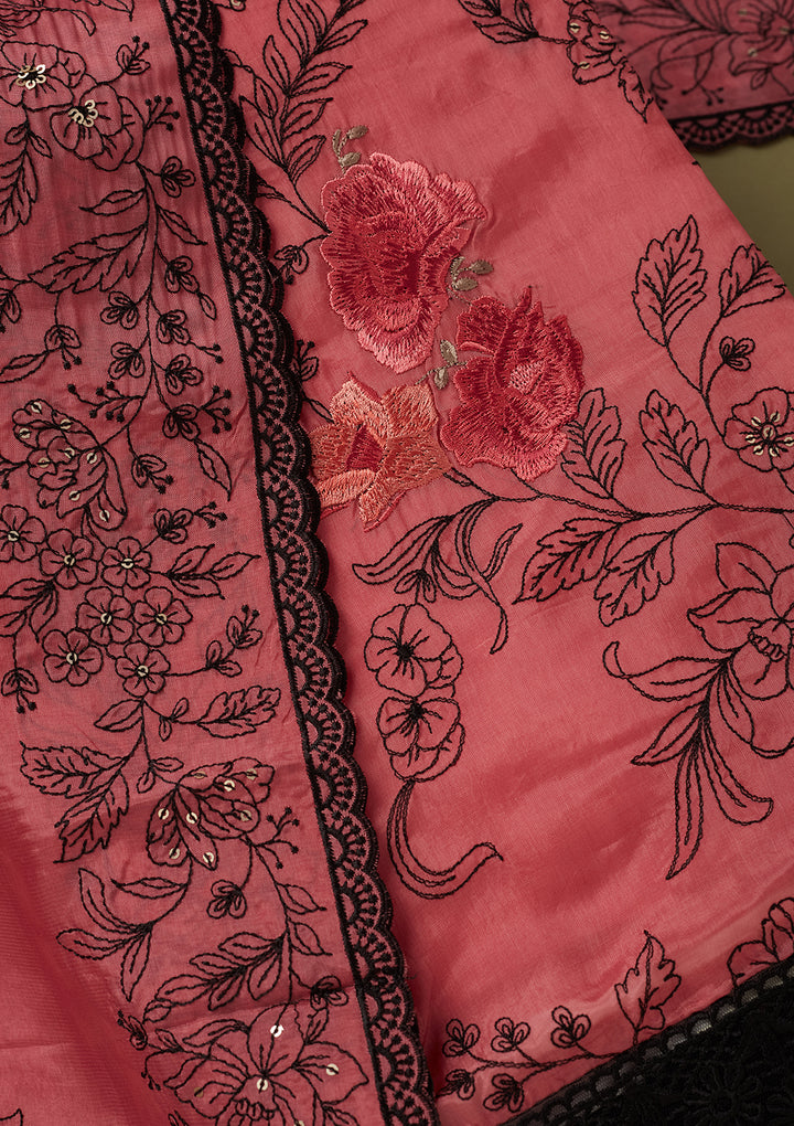 Onion Pink Crepe Threadwork Unstitched Dress Material With Matching Bottom And Dupatta
