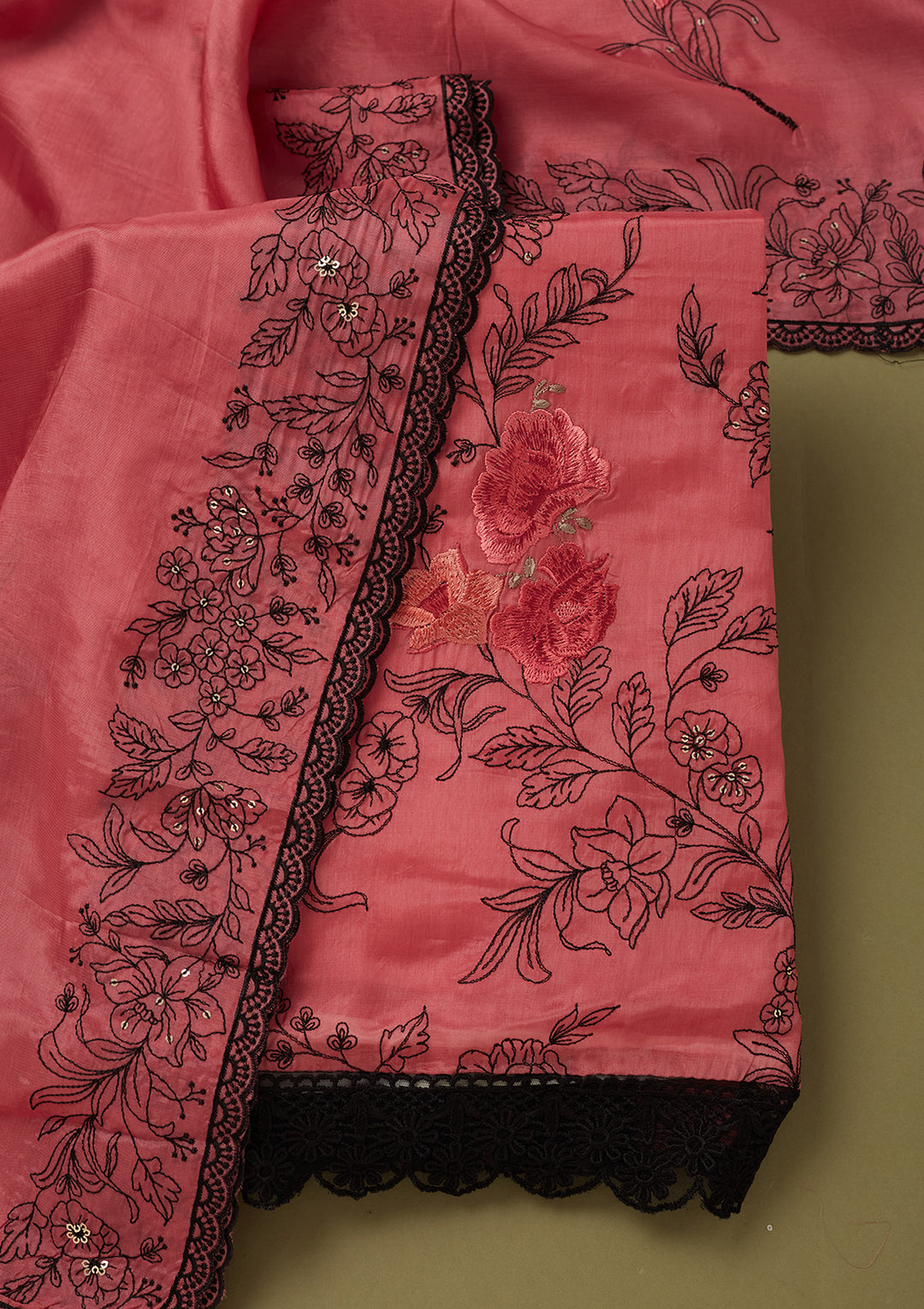 Onion Pink Crepe Threadwork Unstitched Dress Material With Matching Bottom And Dupatta
