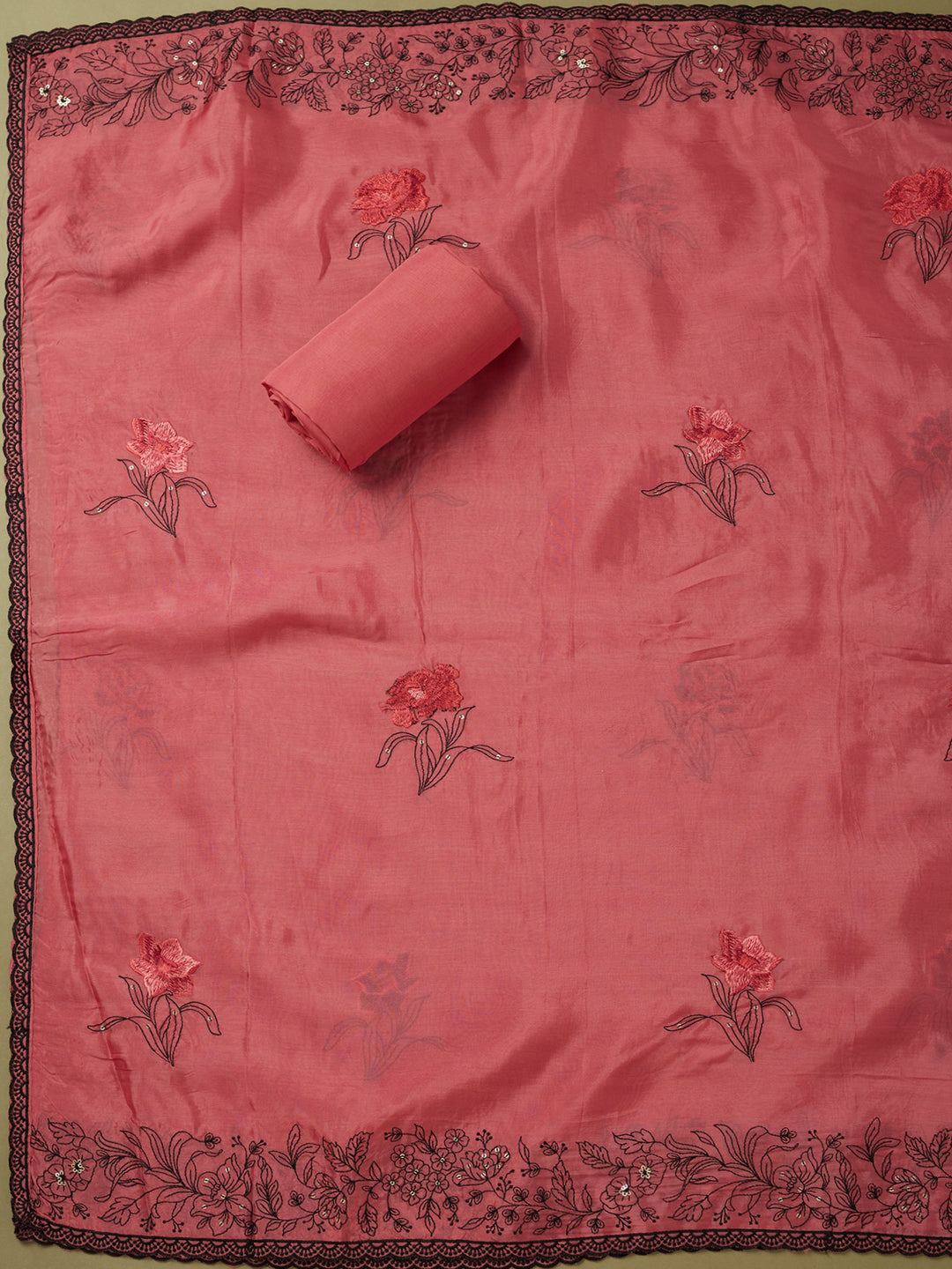 Onion Pink Crepe Threadwork Unstitched Dress Material With Matching Bottom And Dupatta