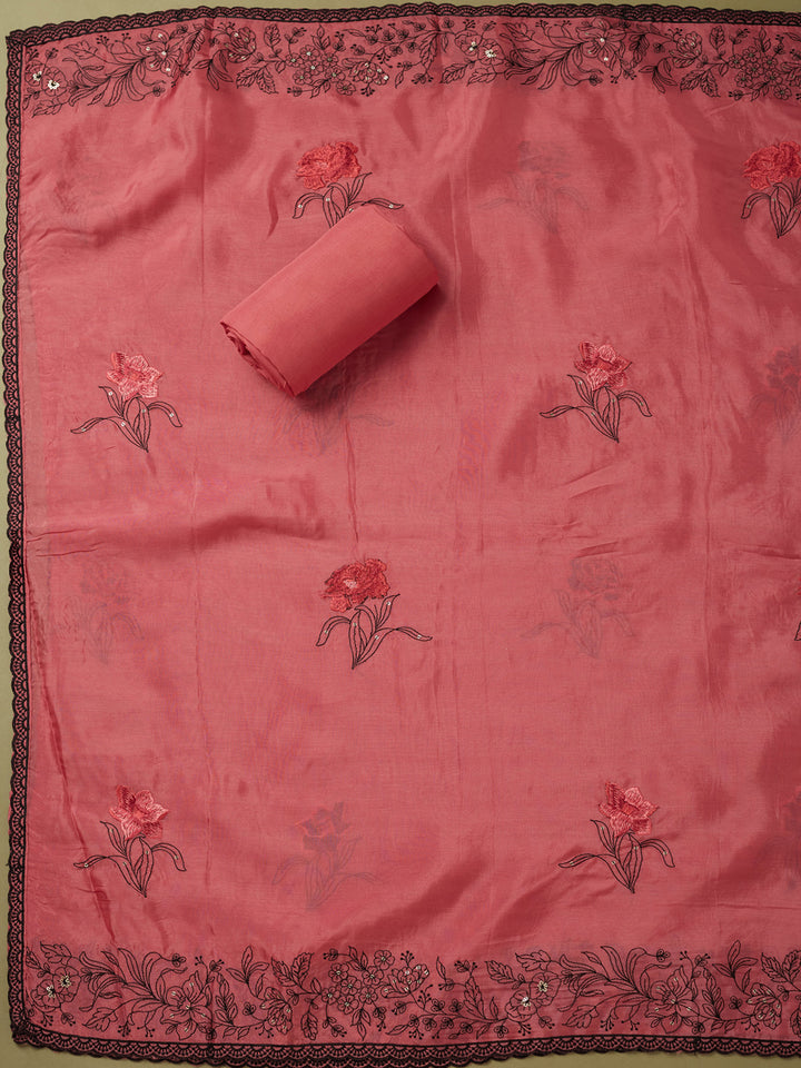 Onion Pink Crepe Threadwork Unstitched Dress Material With Matching Bottom And Dupatta