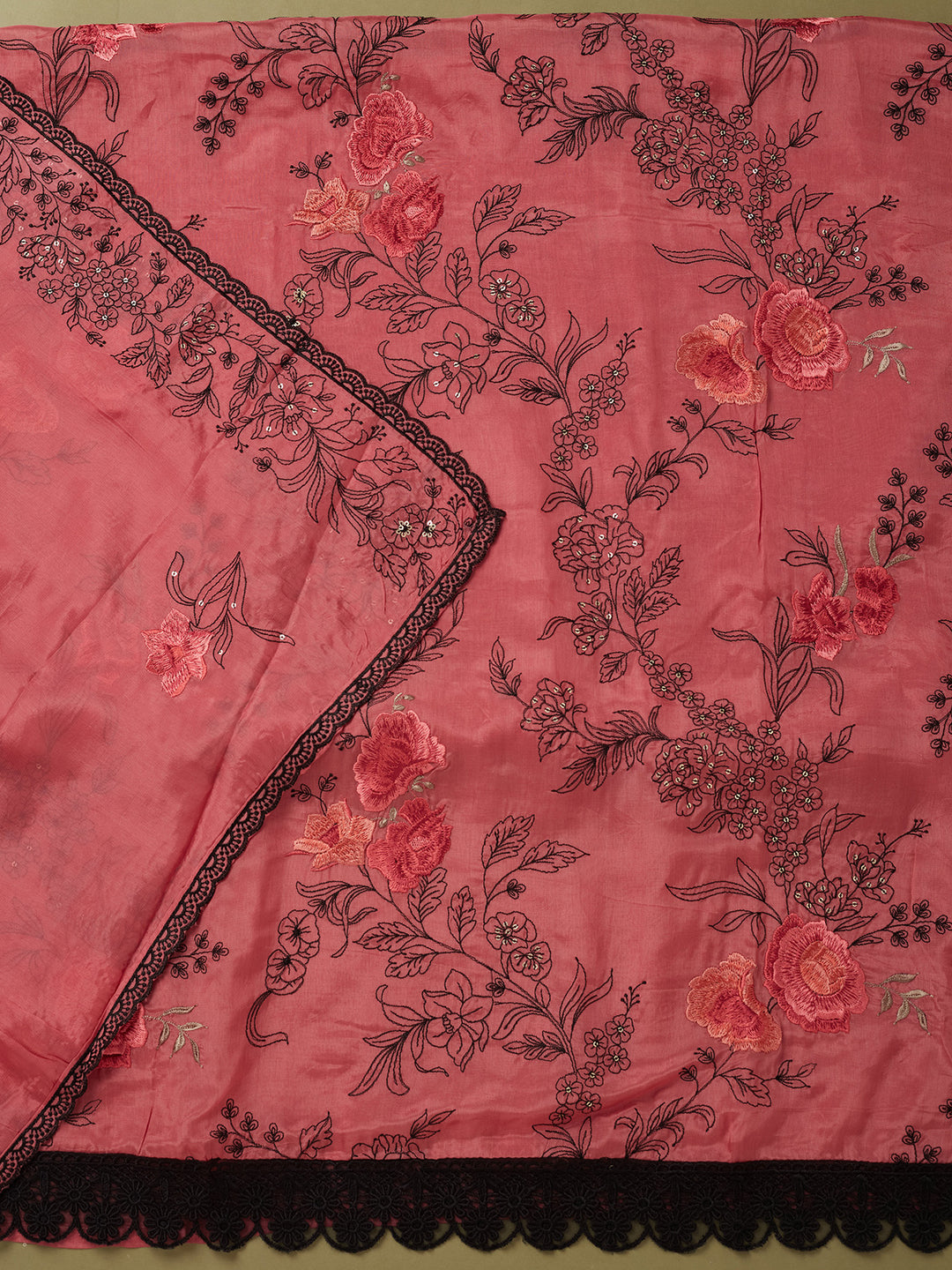 Onion Pink Crepe Threadwork Unstitched Dress Material With Matching Bottom And Dupatta