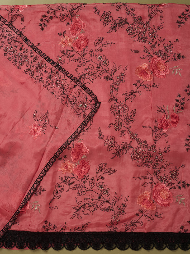 Onion Pink Crepe Threadwork Unstitched Dress Material With Matching Bottom And Dupatta