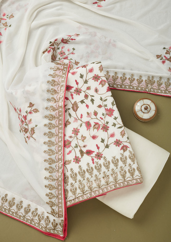 Off White Crepe Sequins Unstitched Dress Material With Matching Bottom And Dupatta