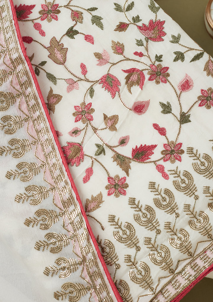 Off White Crepe Sequins Unstitched Dress Material With Matching Bottom And Dupatta