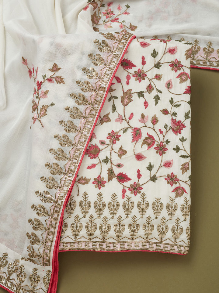 Off White Crepe Sequins Unstitched Dress Material With Matching Bottom And Dupatta