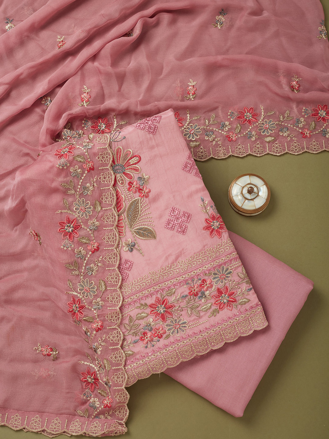 Onion Pink Crepe Threadwork Unstitched Dress Material With Matching Bottom And Dupatta