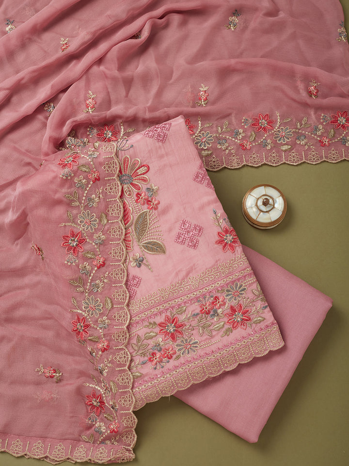Onion Pink Crepe Threadwork Unstitched Dress Material With Matching Bottom And Dupatta