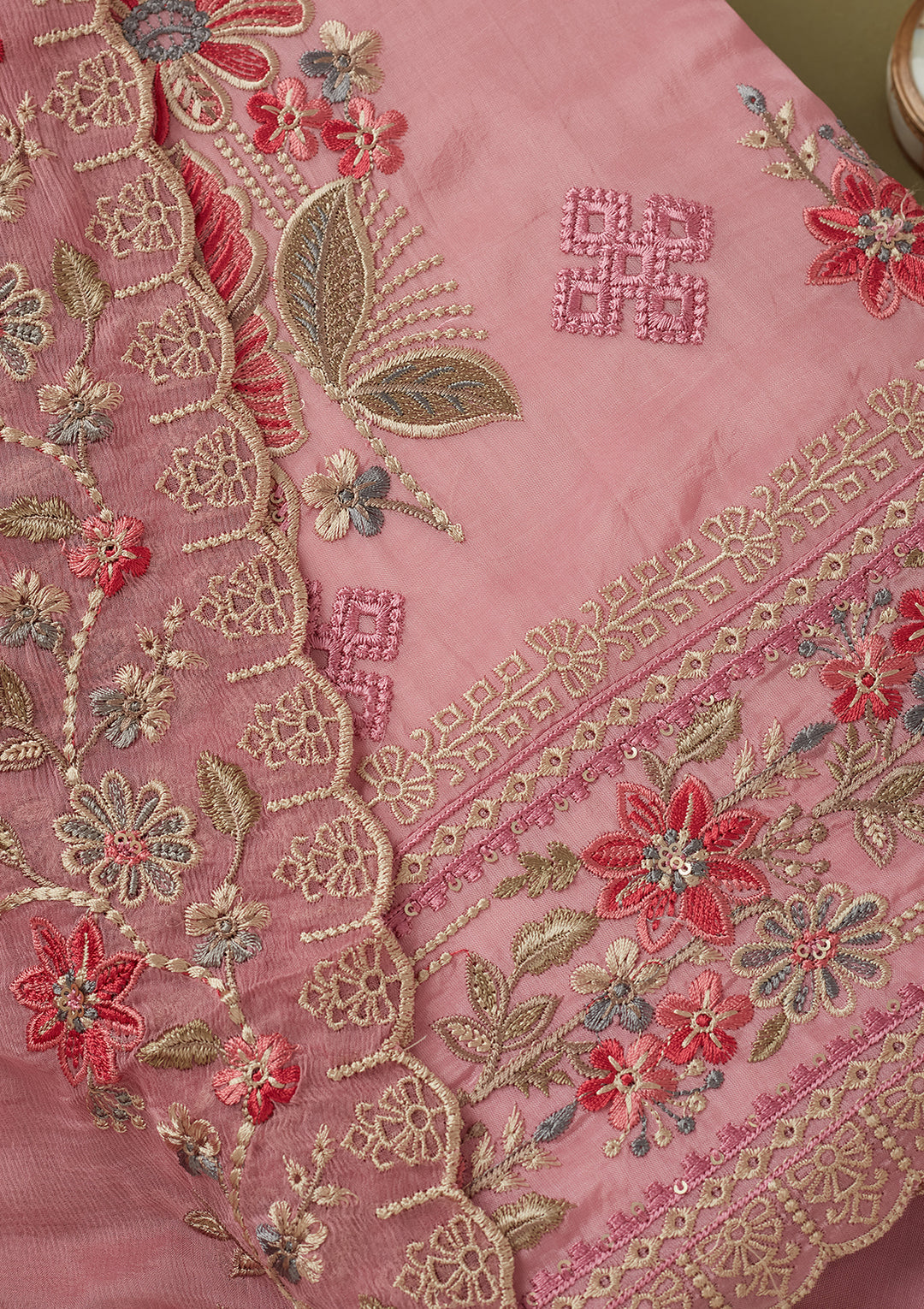Onion Pink Crepe Threadwork Unstitched Dress Material With Matching Bottom And Dupatta