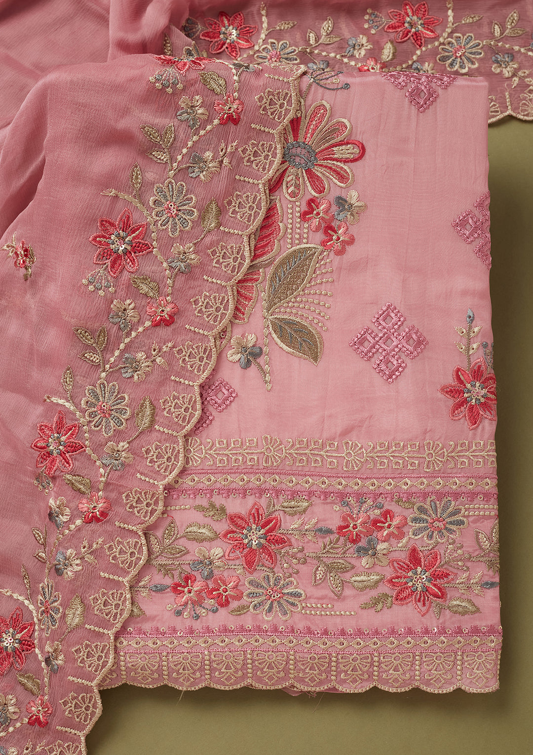 Onion Pink Crepe Threadwork Unstitched Dress Material With Matching Bottom And Dupatta