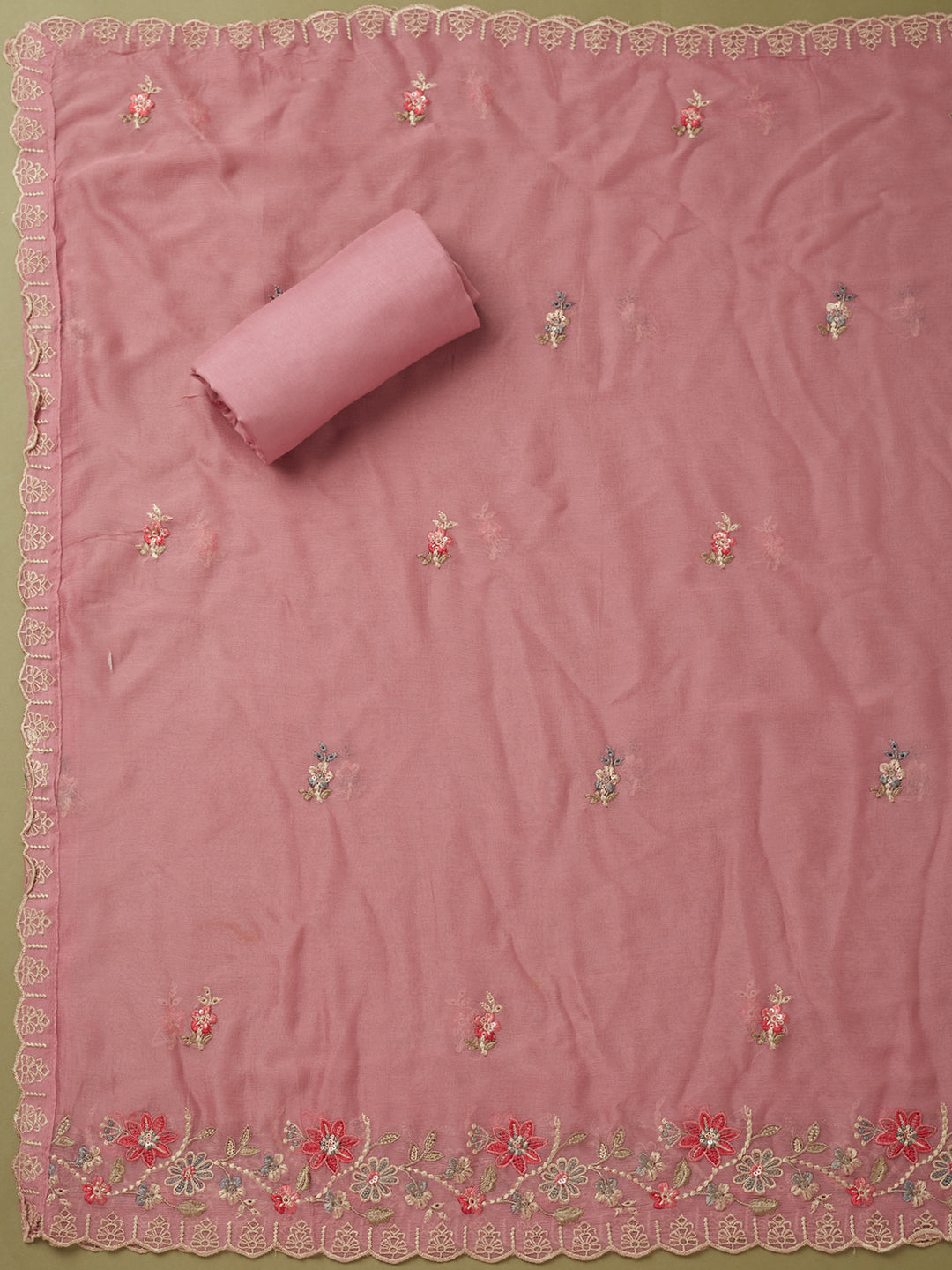 Onion Pink Crepe Threadwork Unstitched Dress Material With Matching Bottom And Dupatta