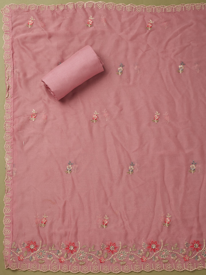Onion Pink Crepe Threadwork Unstitched Dress Material With Matching Bottom And Dupatta
