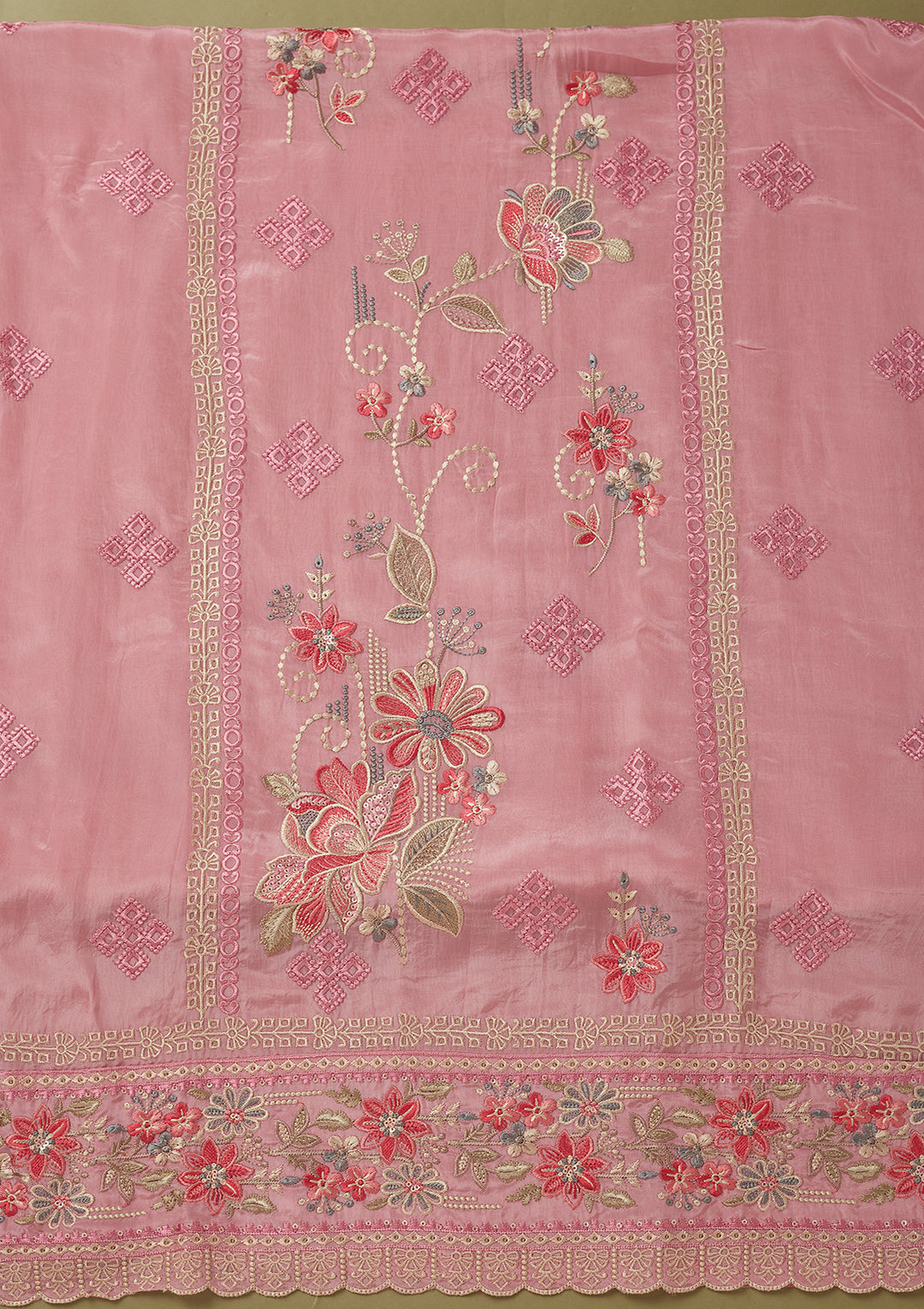 Onion Pink Crepe Threadwork Unstitched Dress Material With Matching Bottom And Dupatta