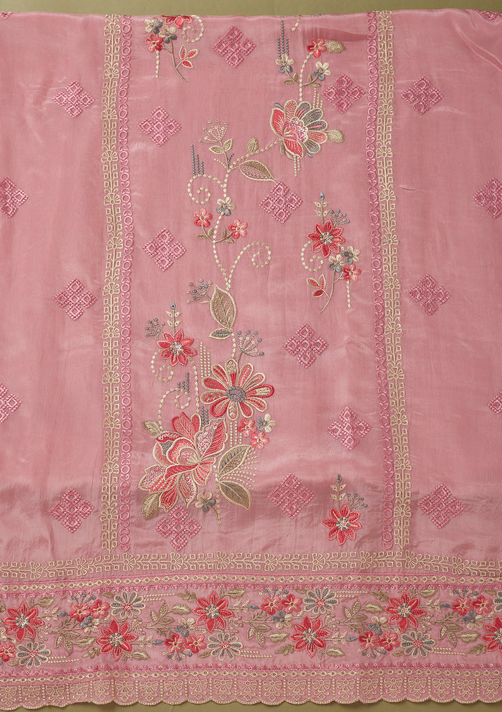 Onion Pink Crepe Threadwork Unstitched Dress Material With Matching Bottom And Dupatta