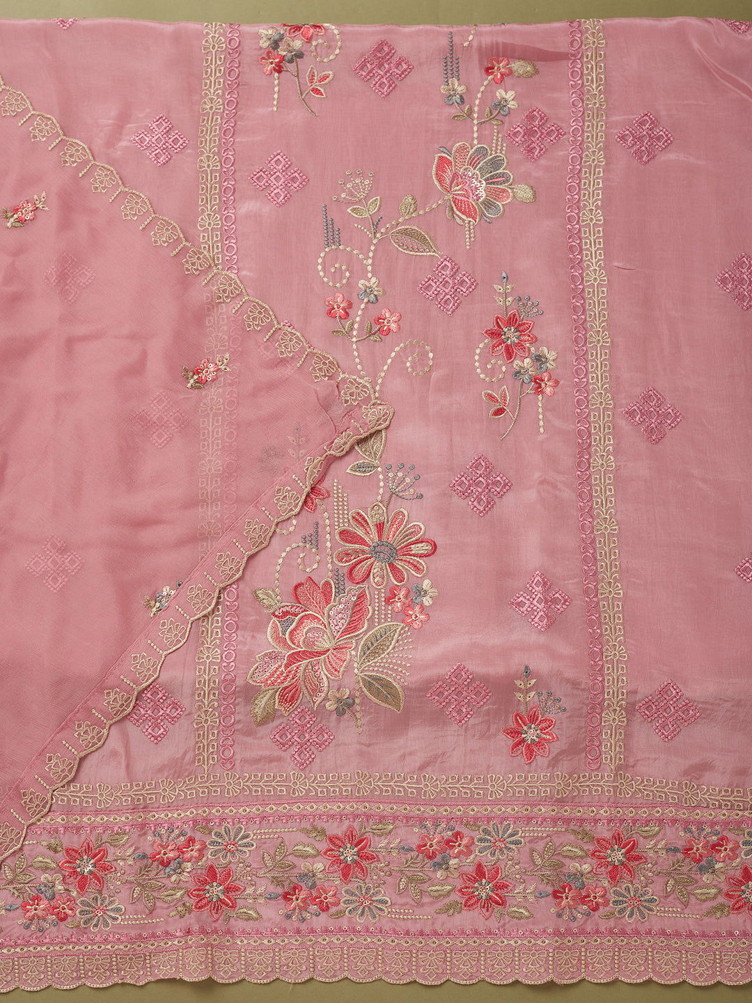Onion Pink Crepe Threadwork Unstitched Dress Material With Matching Bottom And Dupatta