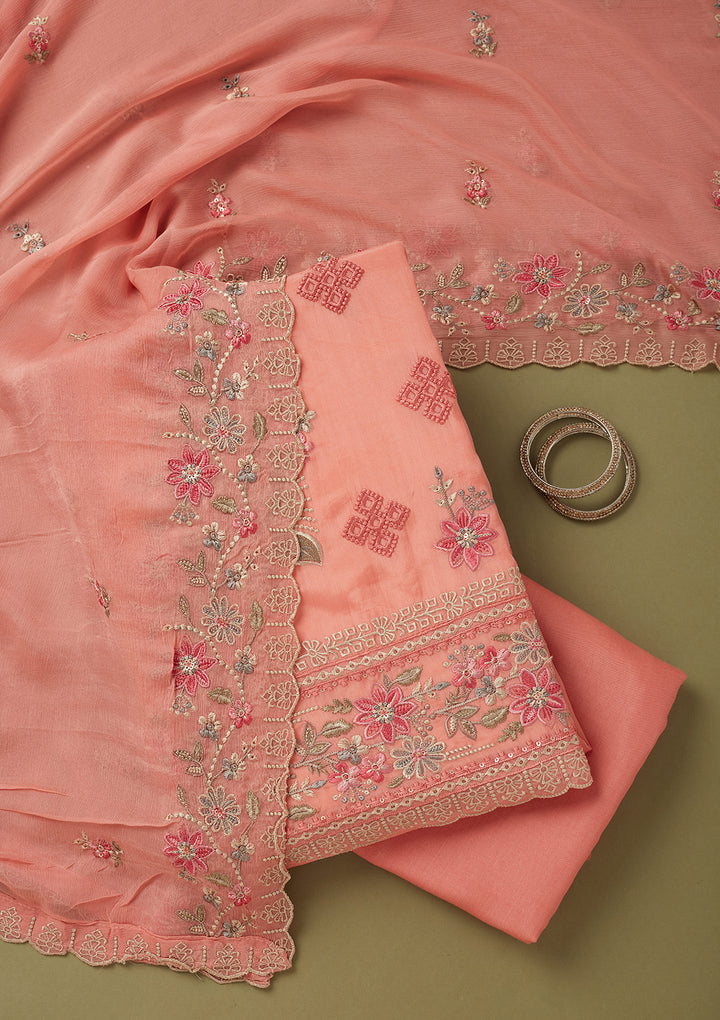 Peach Crepe Threadwork Unstitched Dress Material With Matching Bottom And Dupatta
