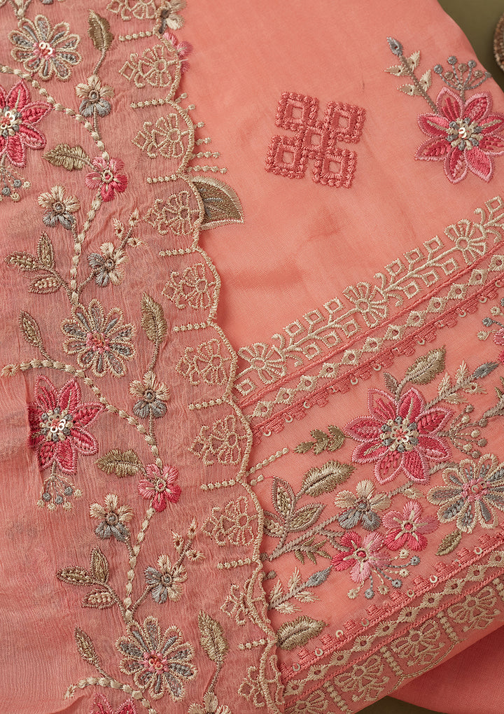 Peach Crepe Threadwork Unstitched Dress Material With Matching Bottom And Dupatta