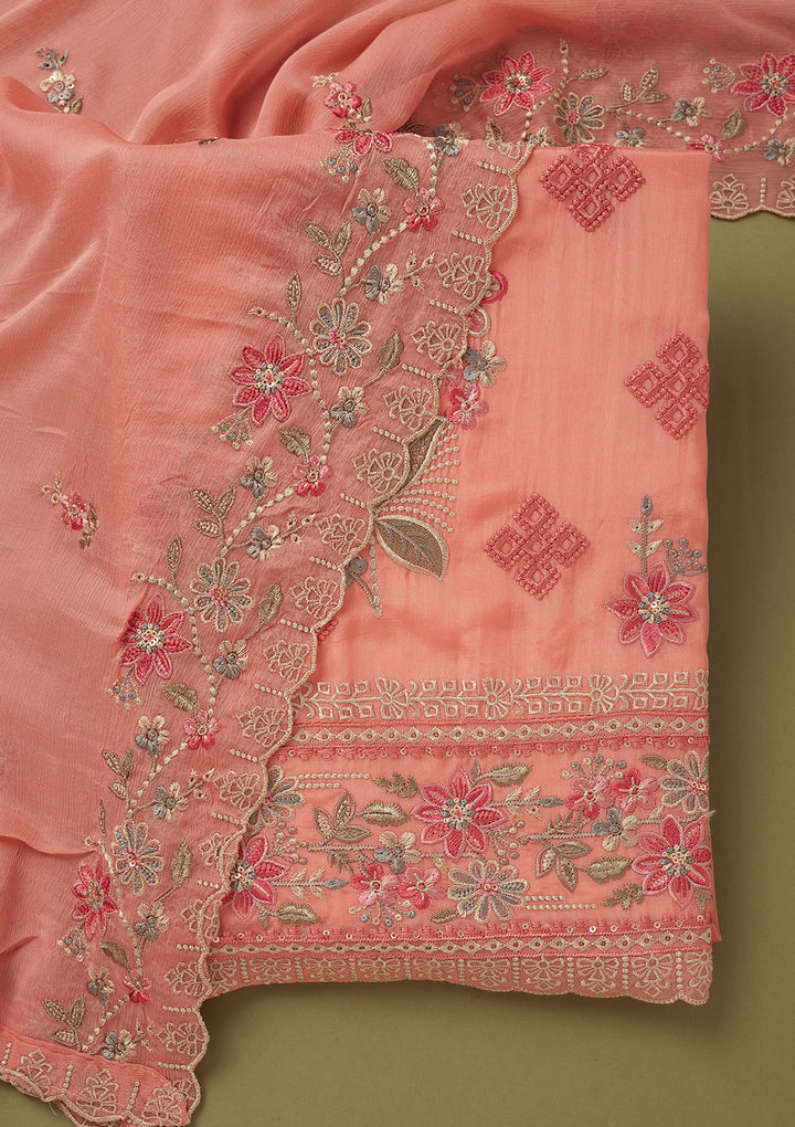 Peach Crepe Threadwork Unstitched Dress Material With Matching Bottom And Dupatta