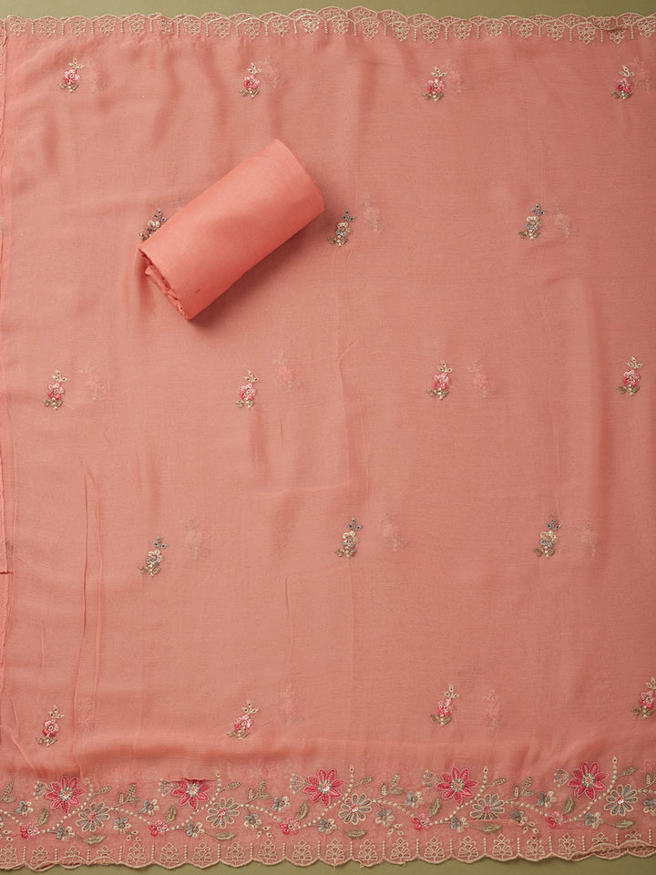 Peach Crepe Threadwork Unstitched Dress Material With Matching Bottom And Dupatta