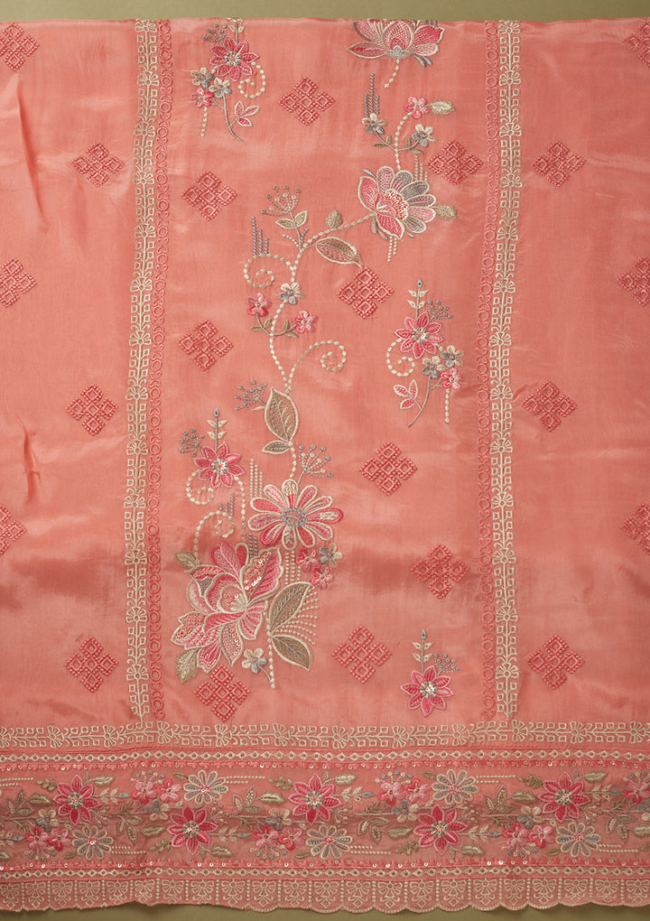 Peach Crepe Threadwork Unstitched Dress Material With Matching Bottom And Dupatta