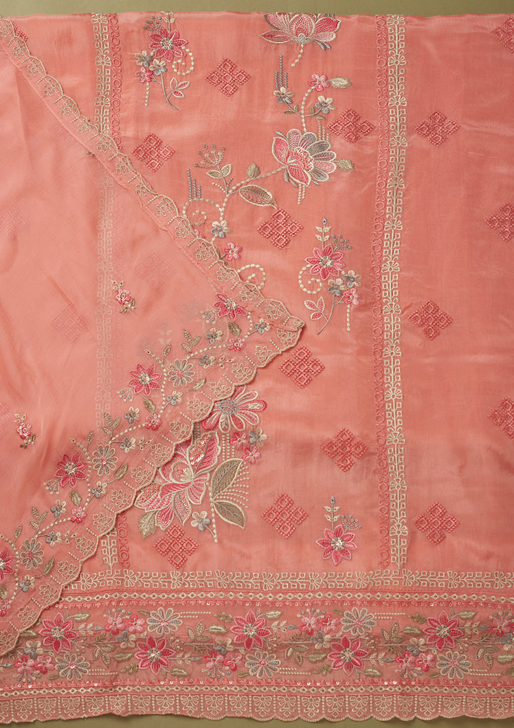 Peach Crepe Threadwork Unstitched Dress Material With Matching Bottom And Dupatta