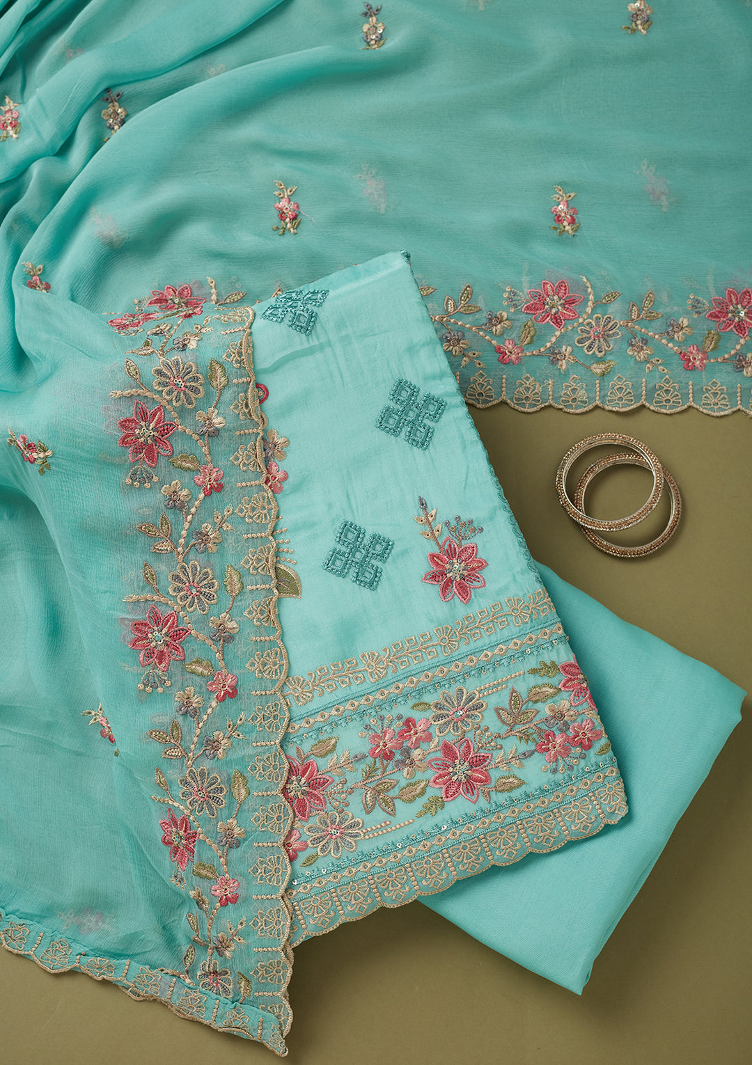 Sky Blue Crepe Threadwork Unstitched Dress Material With Matching Bottom And Dupatta