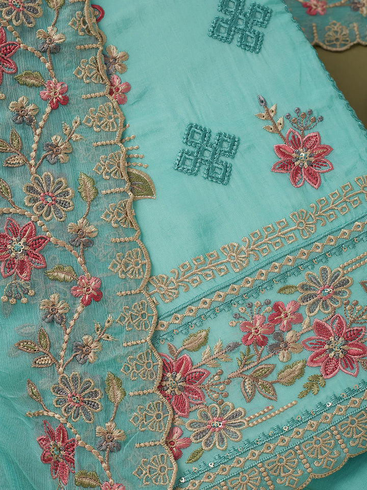 Sky Blue Crepe Threadwork Unstitched Dress Material With Matching Bottom And Dupatta