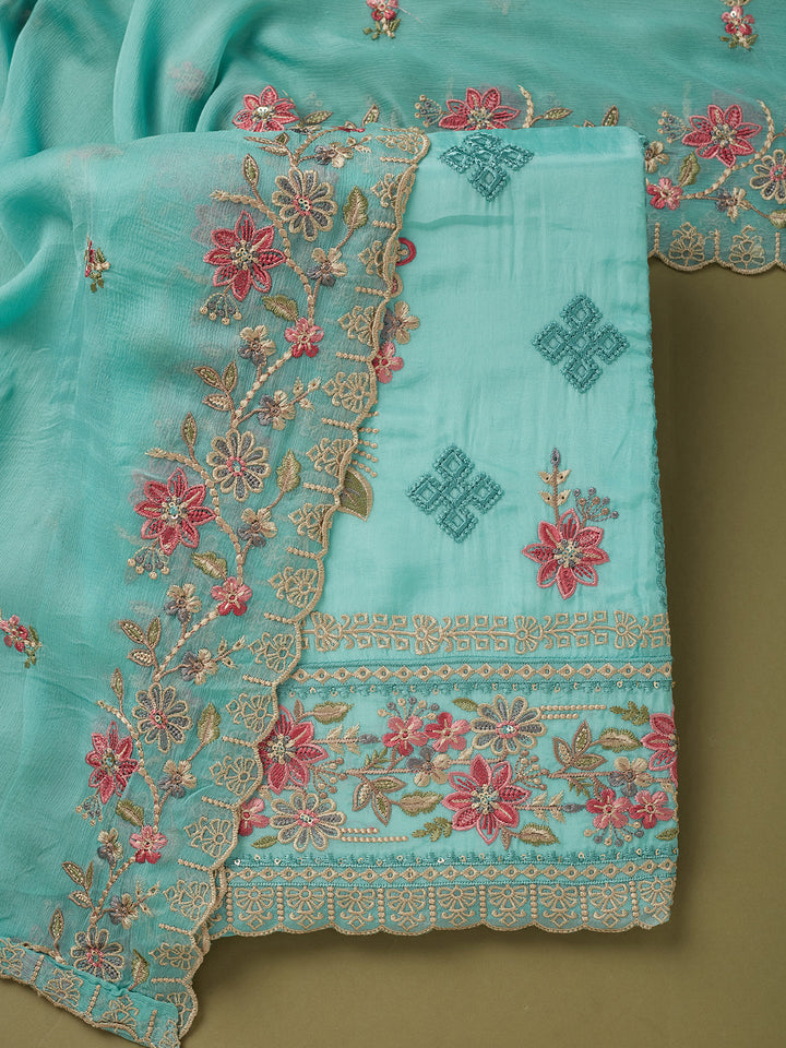 Sky Blue Crepe Threadwork Unstitched Dress Material With Matching Bottom And Dupatta