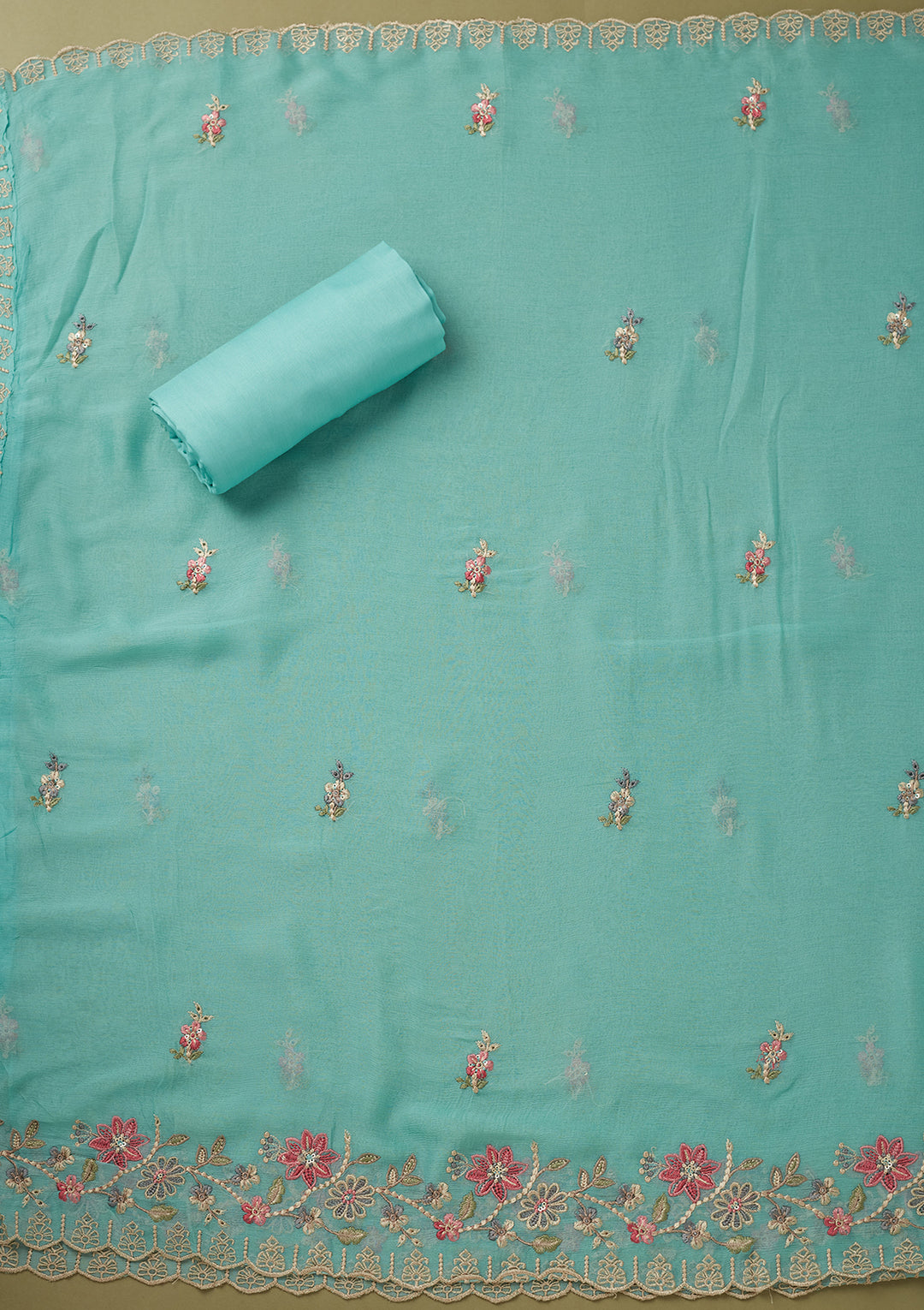 Sky Blue Crepe Threadwork Unstitched Dress Material With Matching Bottom And Dupatta
