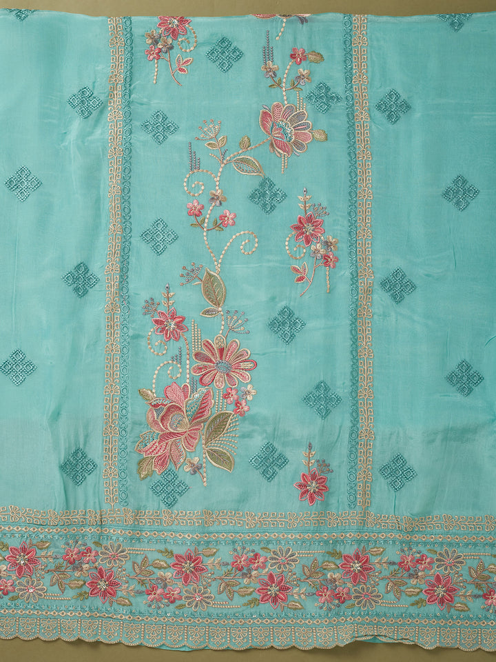 Sky Blue Crepe Threadwork Unstitched Dress Material With Matching Bottom And Dupatta