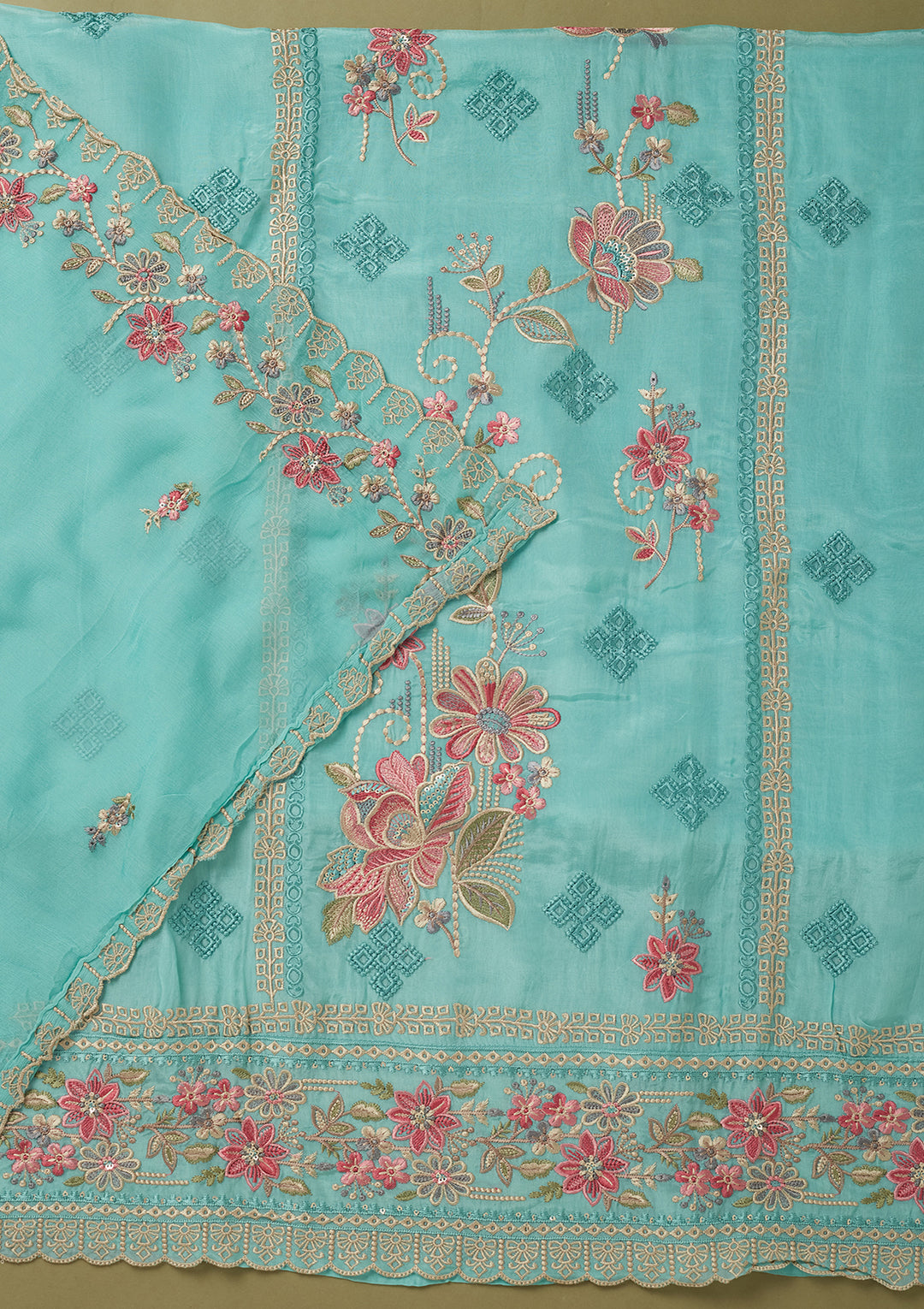 Sky Blue Crepe Threadwork Unstitched Dress Material With Matching Bottom And Dupatta