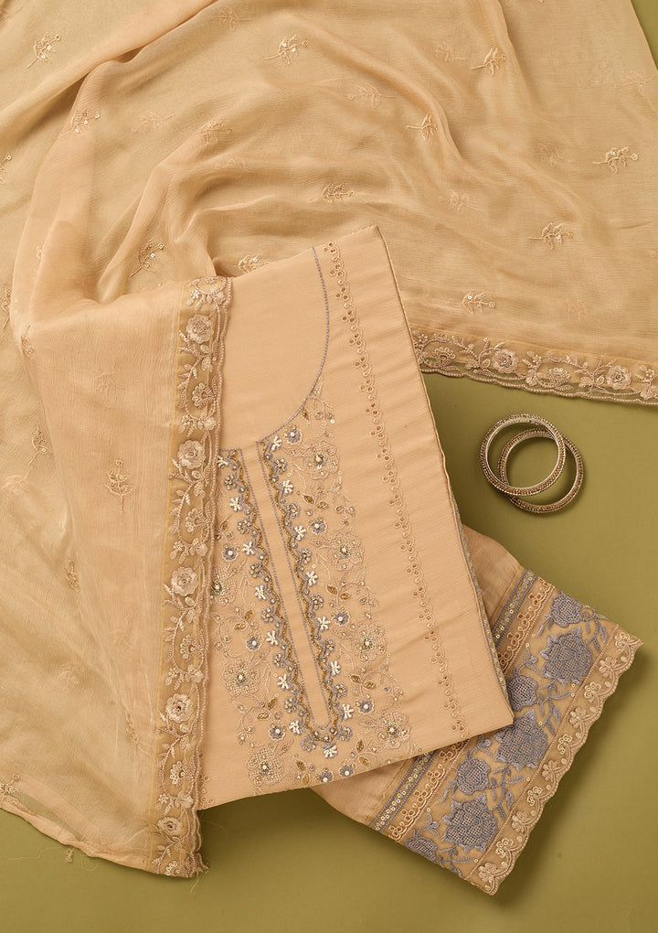 Beige Chinon Threadwork Unstitched Dress Material With Matching Bottom And Dupatta