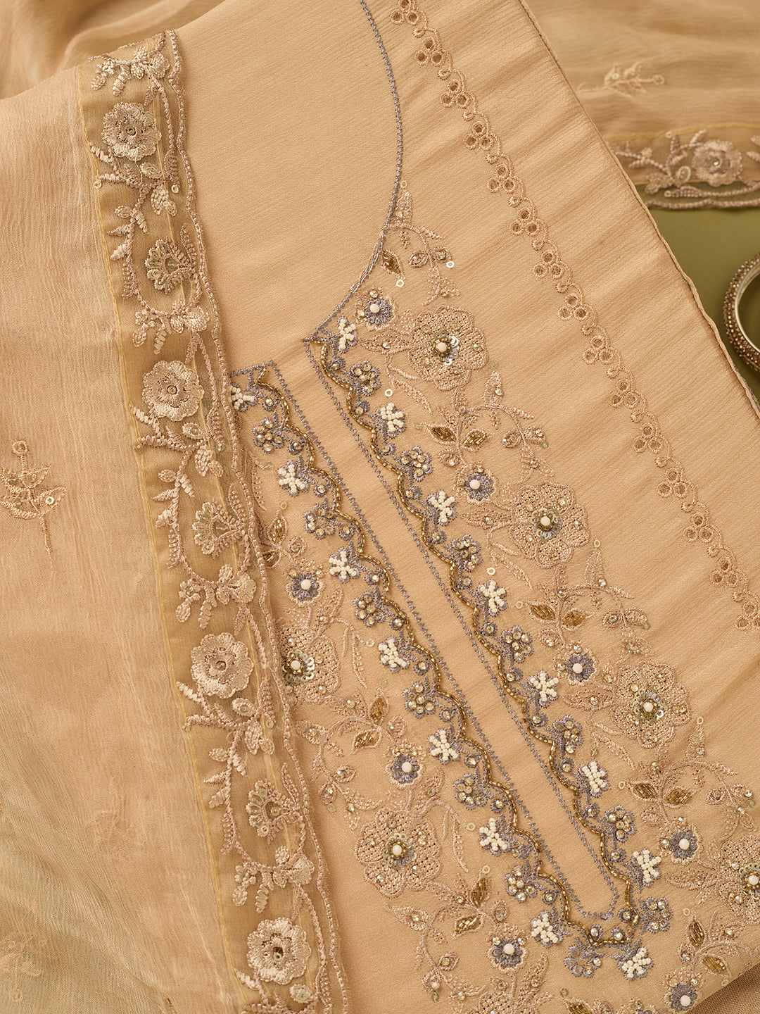 Beige Chinon Threadwork Unstitched Dress Material With Matching Bottom And Dupatta