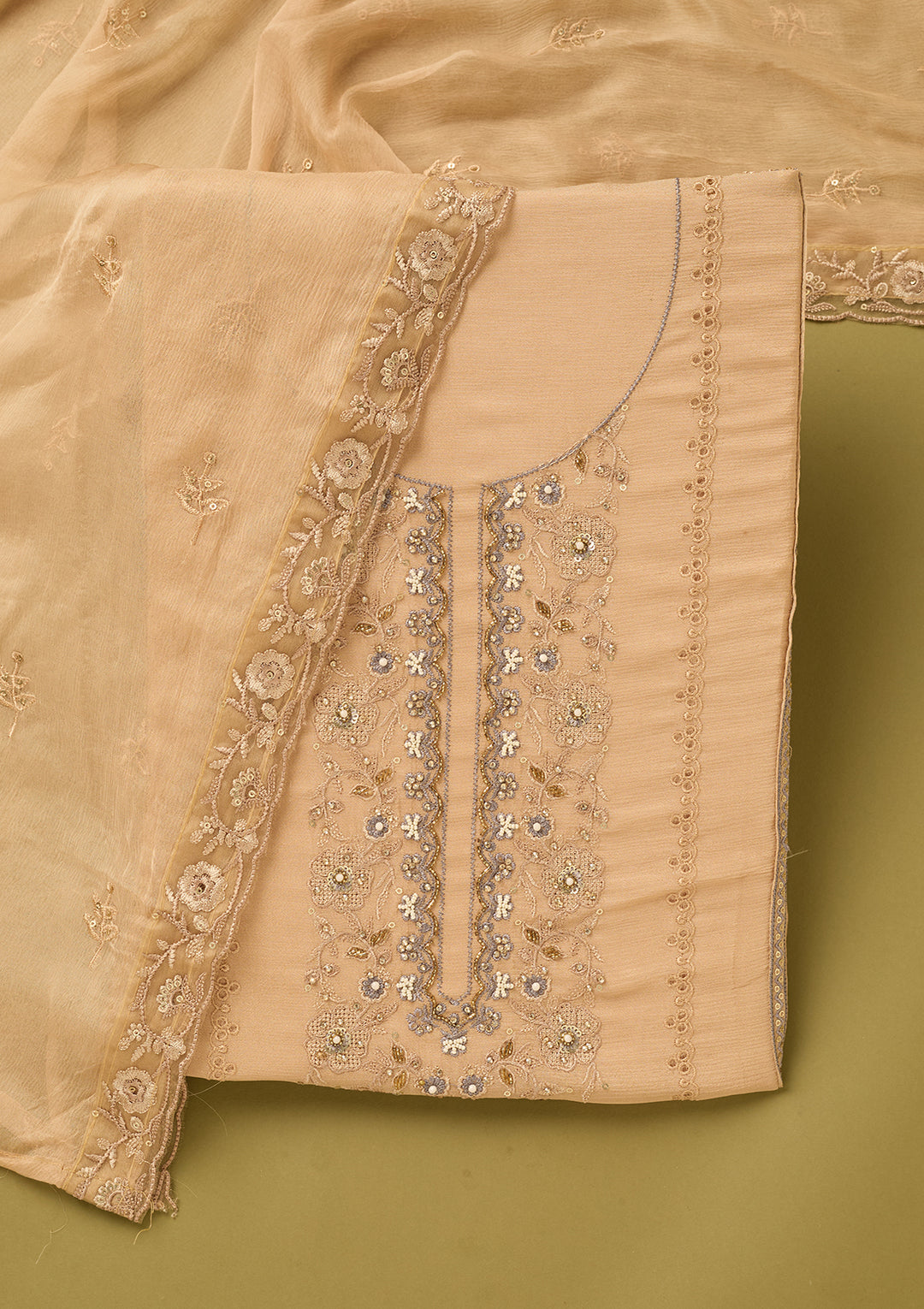 Beige Chinon Threadwork Unstitched Dress Material With Matching Bottom And Dupatta