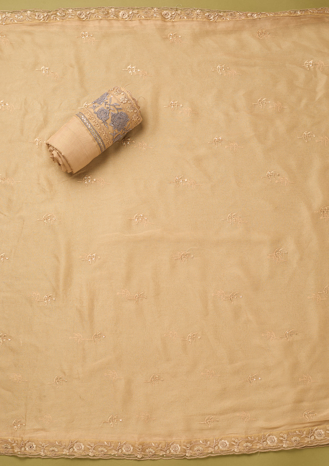 Beige Chinon Threadwork Unstitched Dress Material With Matching Bottom And Dupatta