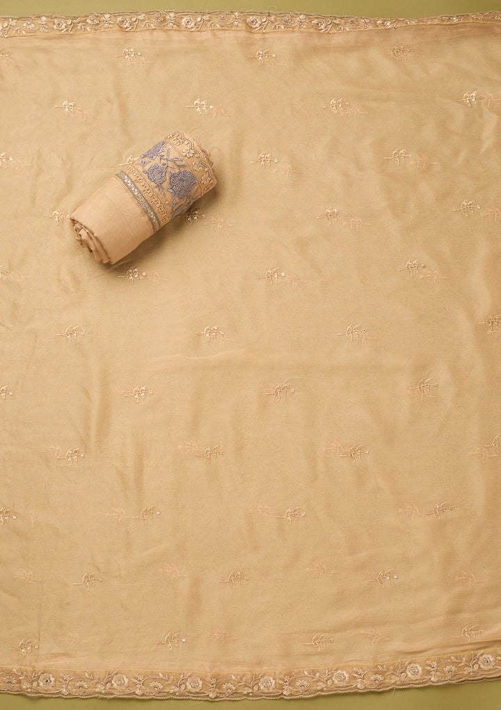 Beige Chinon Threadwork Unstitched Dress Material With Matching Bottom And Dupatta