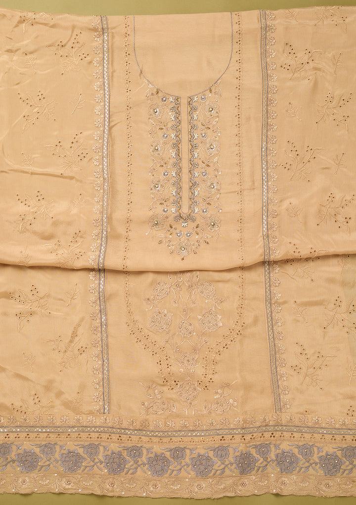 Beige Chinon Threadwork Unstitched Dress Material With Matching Bottom And Dupatta