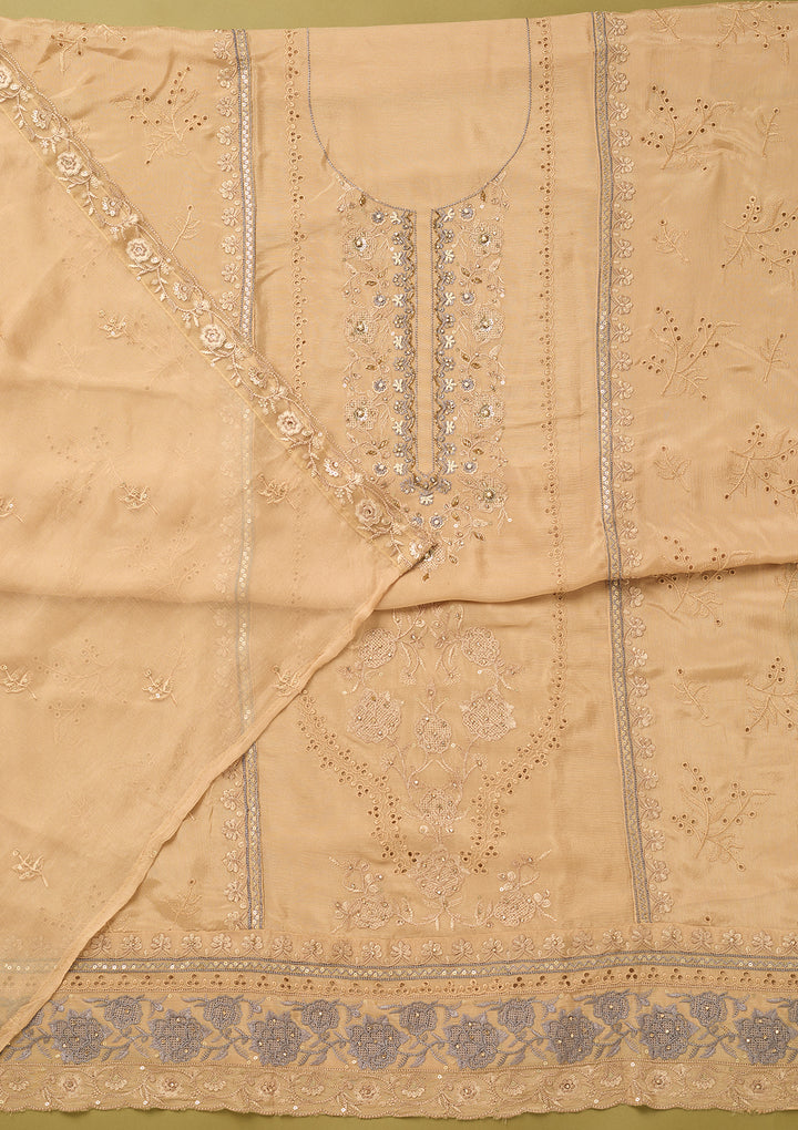 Beige Chinon Threadwork Unstitched Dress Material With Matching Bottom And Dupatta