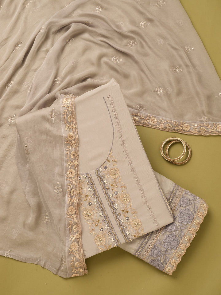 Light Grey Chinon Threadwork Unstitched Dress Material With Matching Bottom And Dupatta