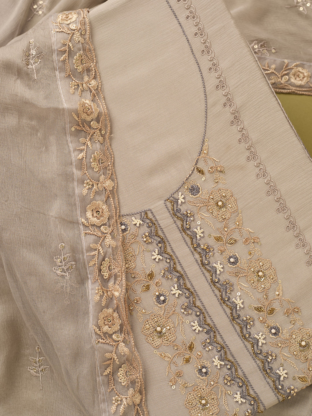 Light Grey Chinon Threadwork Unstitched Dress Material With Matching Bottom And Dupatta