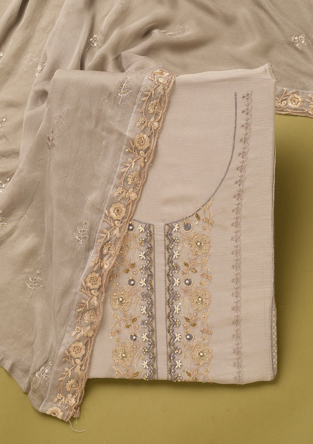 Light Grey Chinon Threadwork Unstitched Dress Material With Matching Bottom And Dupatta