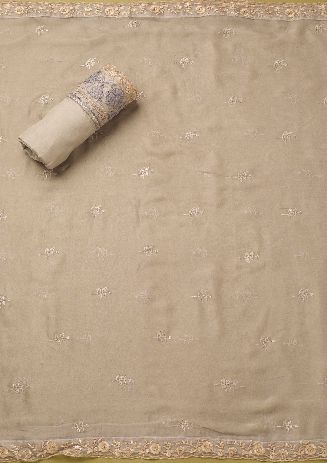 Light Grey Chinon Threadwork Unstitched Dress Material With Matching Bottom And Dupatta