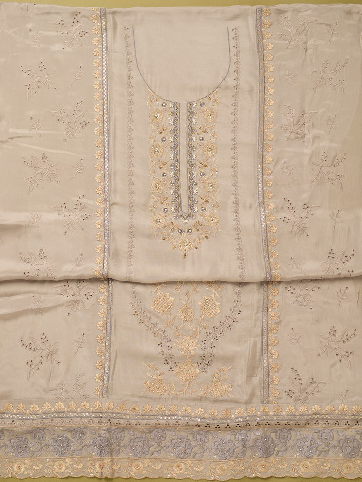 Light Grey Chinon Threadwork Unstitched Dress Material With Matching Bottom And Dupatta