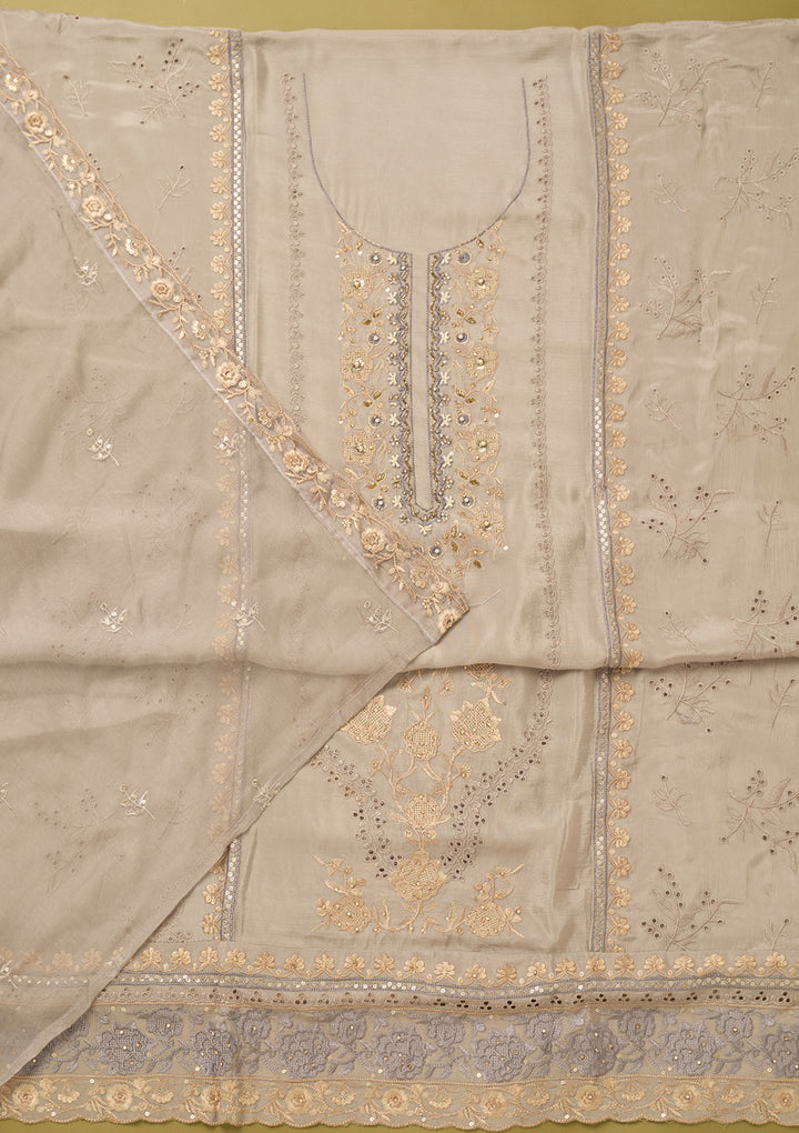 Light Grey Chinon Threadwork Unstitched Dress Material With Matching Bottom And Dupatta