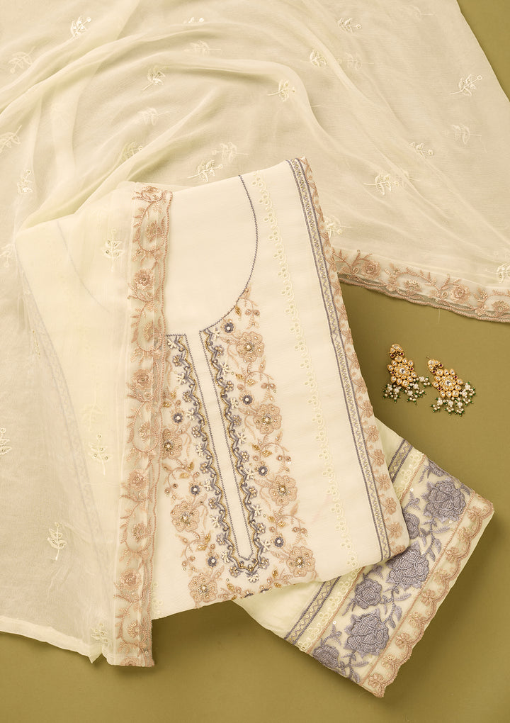 Off White Chinon Threadwork Unstitched Dress Material With Matching Bottom And Dupatta