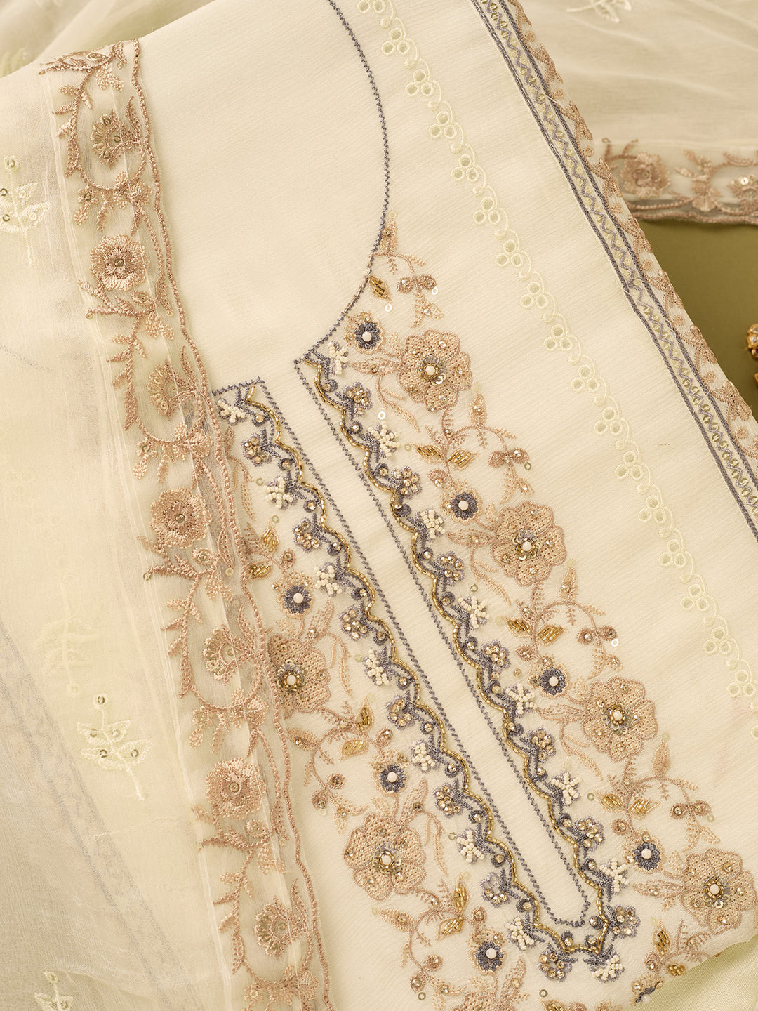 Off White Chinon Threadwork Unstitched Dress Material With Matching Bottom And Dupatta