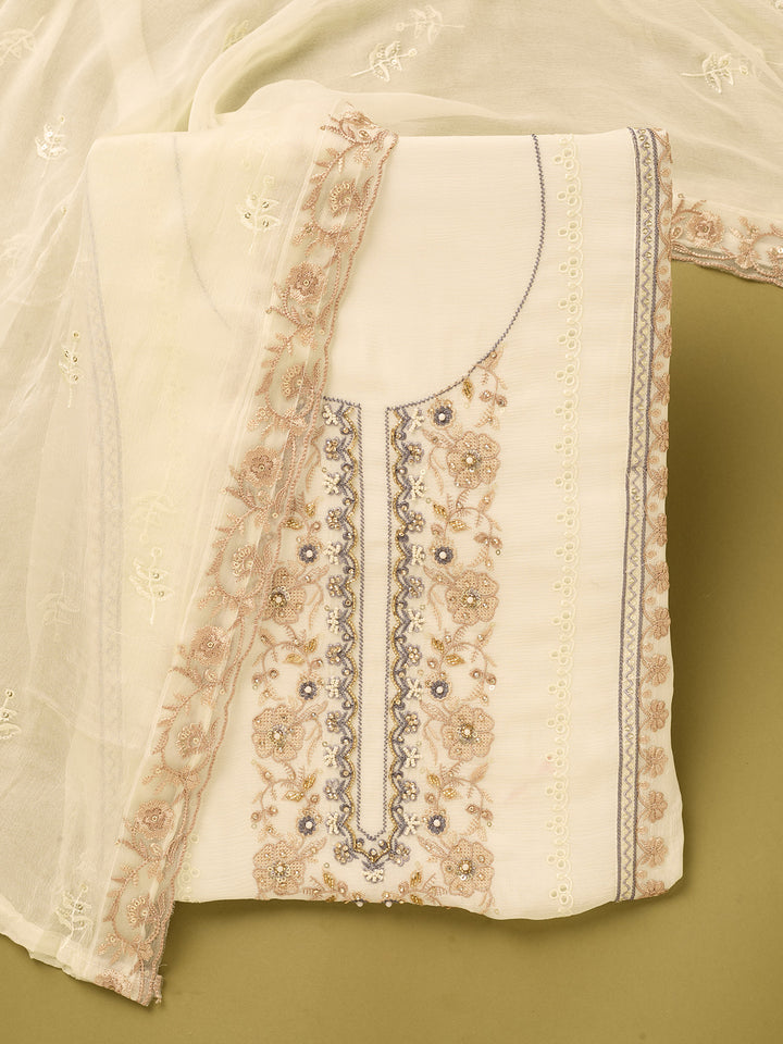 Off White Chinon Threadwork Unstitched Dress Material With Matching Bottom And Dupatta
