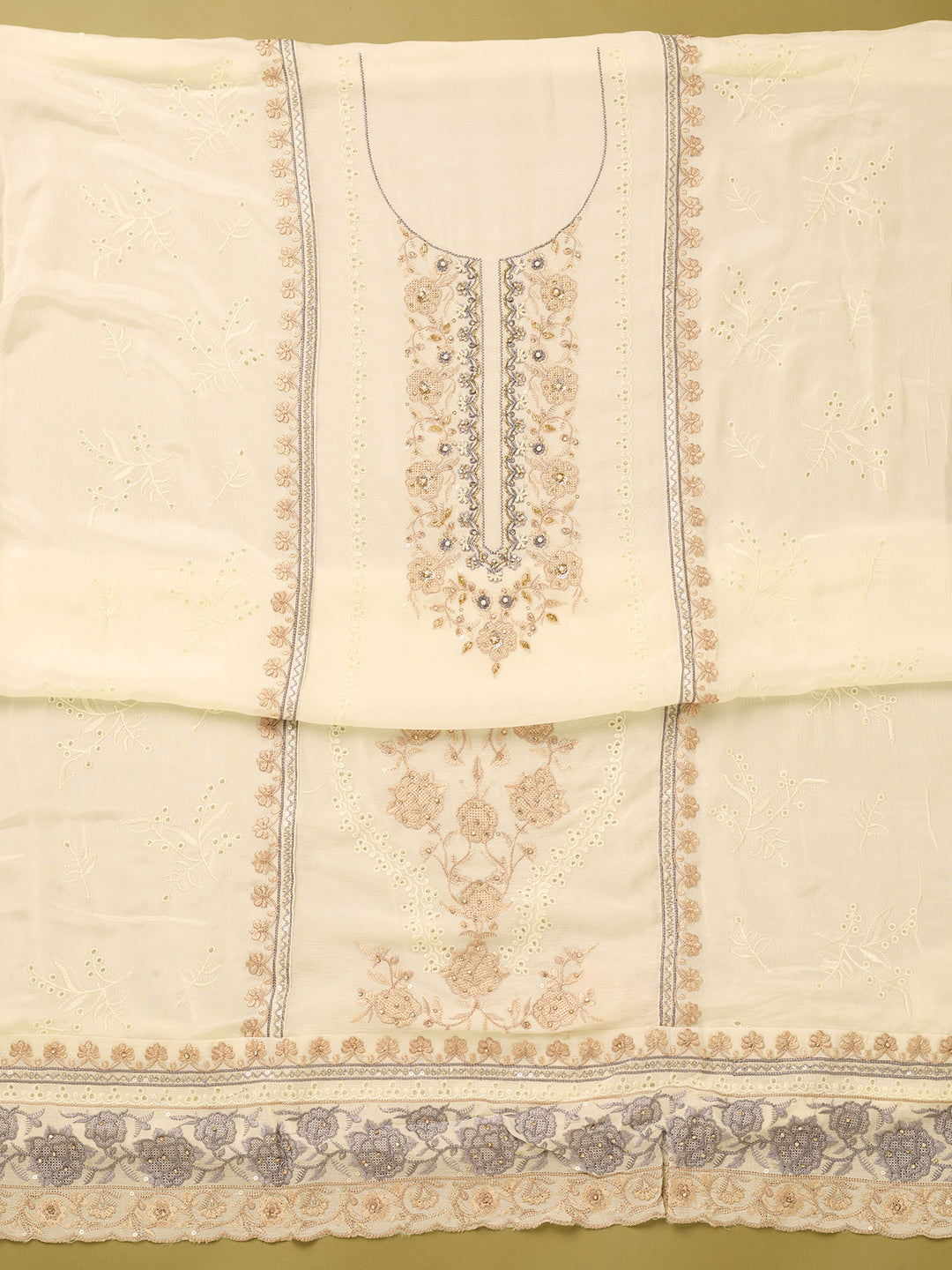 Off White Chinon Threadwork Unstitched Dress Material With Matching Bottom And Dupatta