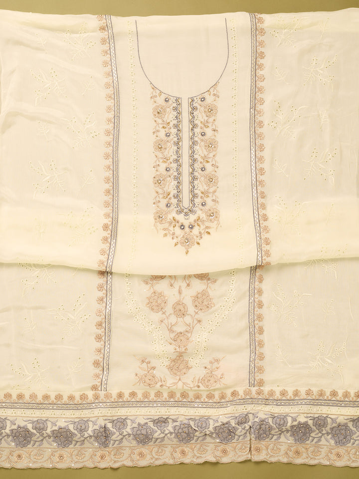 Off White Chinon Threadwork Unstitched Dress Material With Matching Bottom And Dupatta