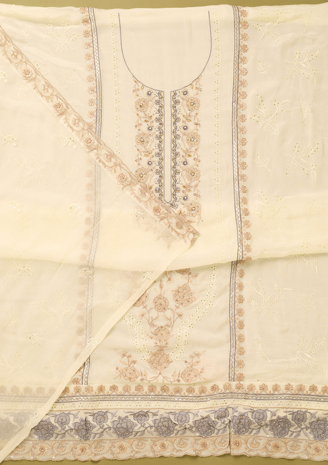 Off White Chinon Threadwork Unstitched Dress Material With Matching Bottom And Dupatta