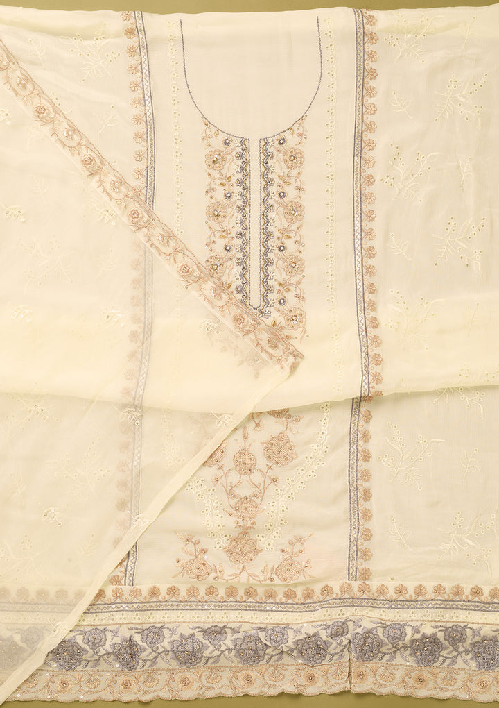 Off White Chinon Threadwork Unstitched Dress Material With Matching Bottom And Dupatta